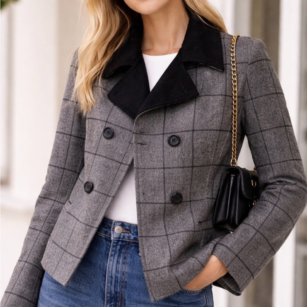 Women’s Grey Windowpane Double-Breasted Blazer with Black Collar